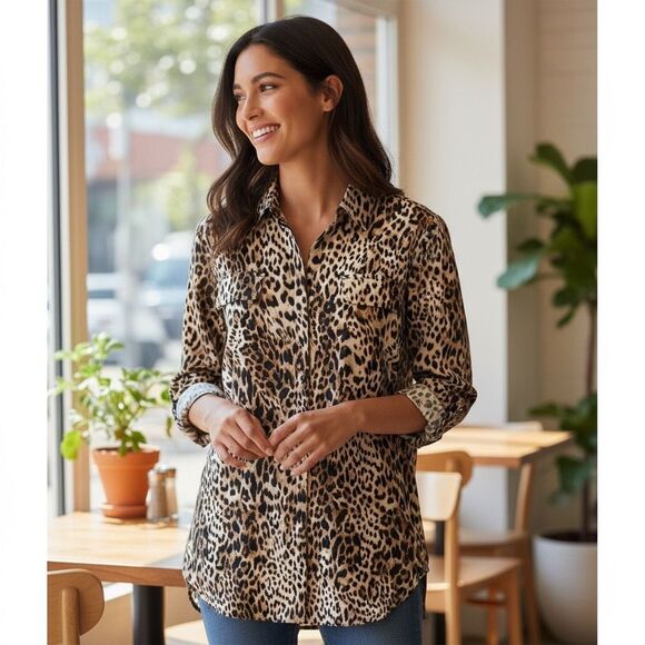 Chico’s Animal Print Light Weight Tunic Blouse Top Shirt Large - Picture 2 of 9